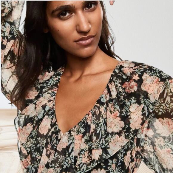 Mango MNG Maxi Dress Sz 8 Black Floral Print Ruffles Sheer Romantic Fairy Core - Picture 3 of 15